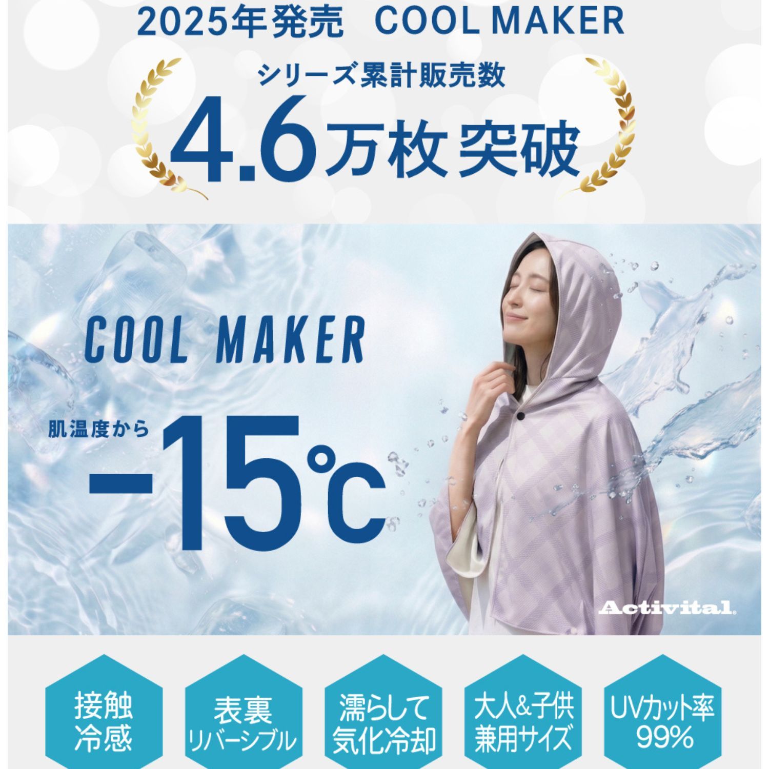 Activital クールメイカー 冷却ポンチョビッグ 横約145cm×縦約95cm(フード含む) ブラック